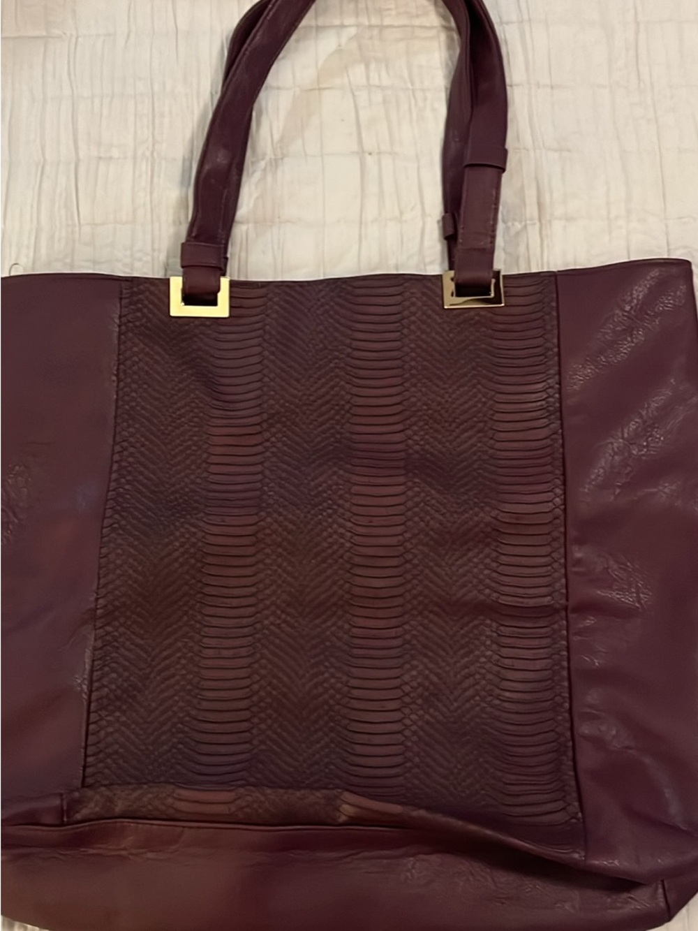 Source Unknown Wine Textured Center Panel Tote with Gold Accents